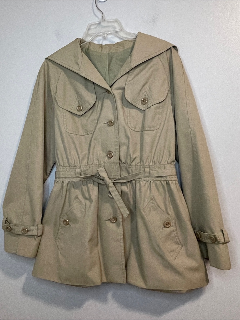 Women's Hooded Tan Trench Coat with Waist Tie